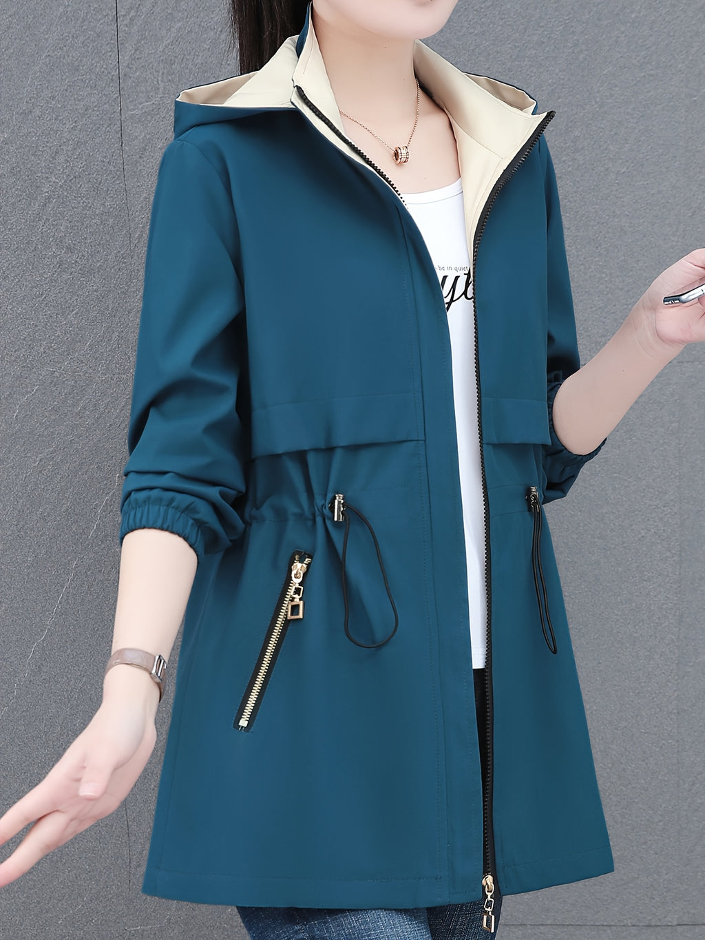 Mid-Length Women'S Casual Trench Coat Jacket with Drawstring Waist Tie, Zippered Pockets, Removable Hood - Blue