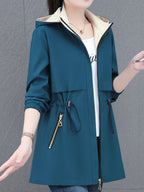 Mid-Length Women'S Casual Trench Coat Jacket with Drawstring Waist Tie, Zippered Pockets, Removable Hood - Blue