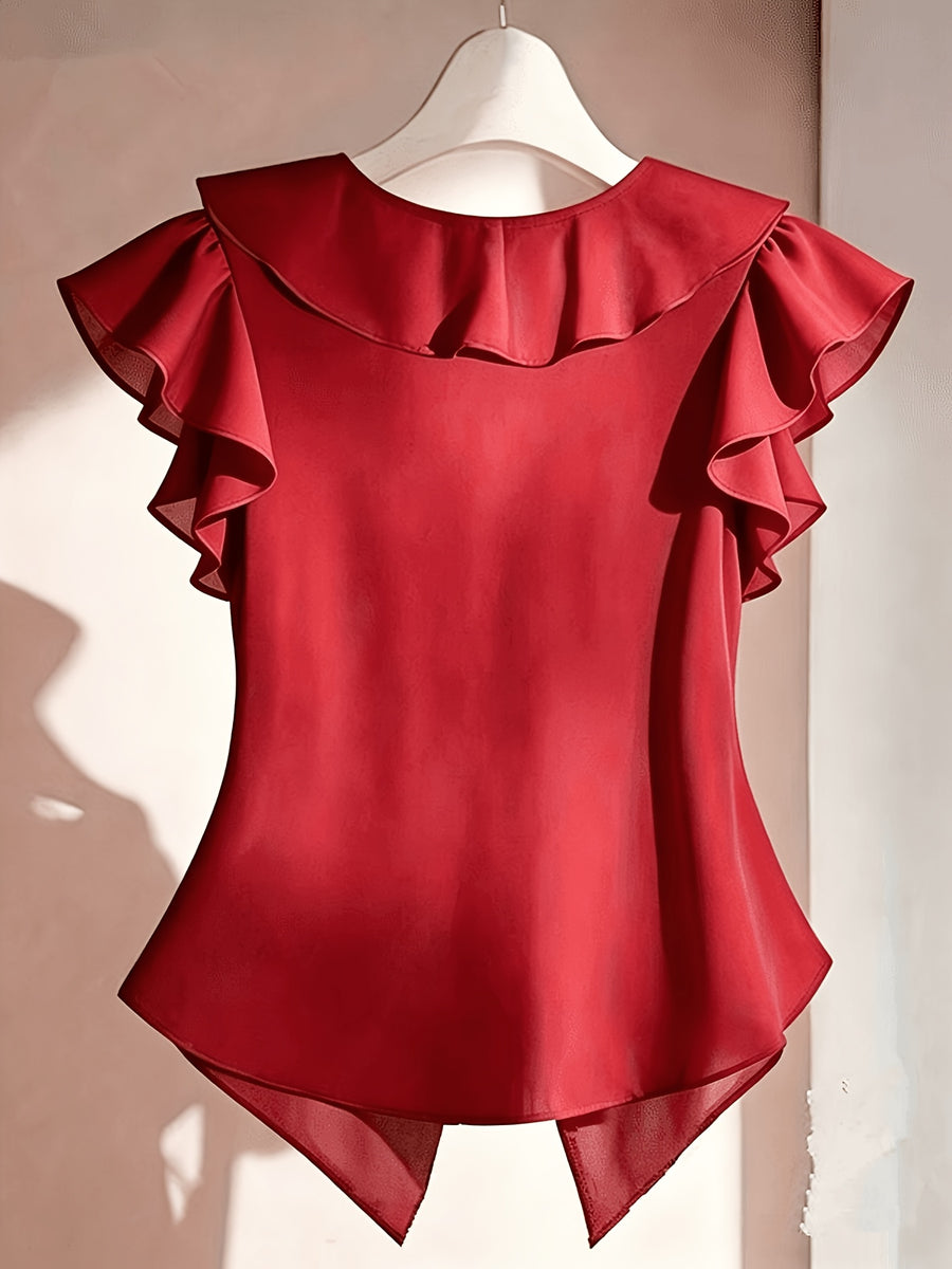 Summer French Solid Ruffled Fly Short Sleeve Shirt Chiffon Top Women'S - Red