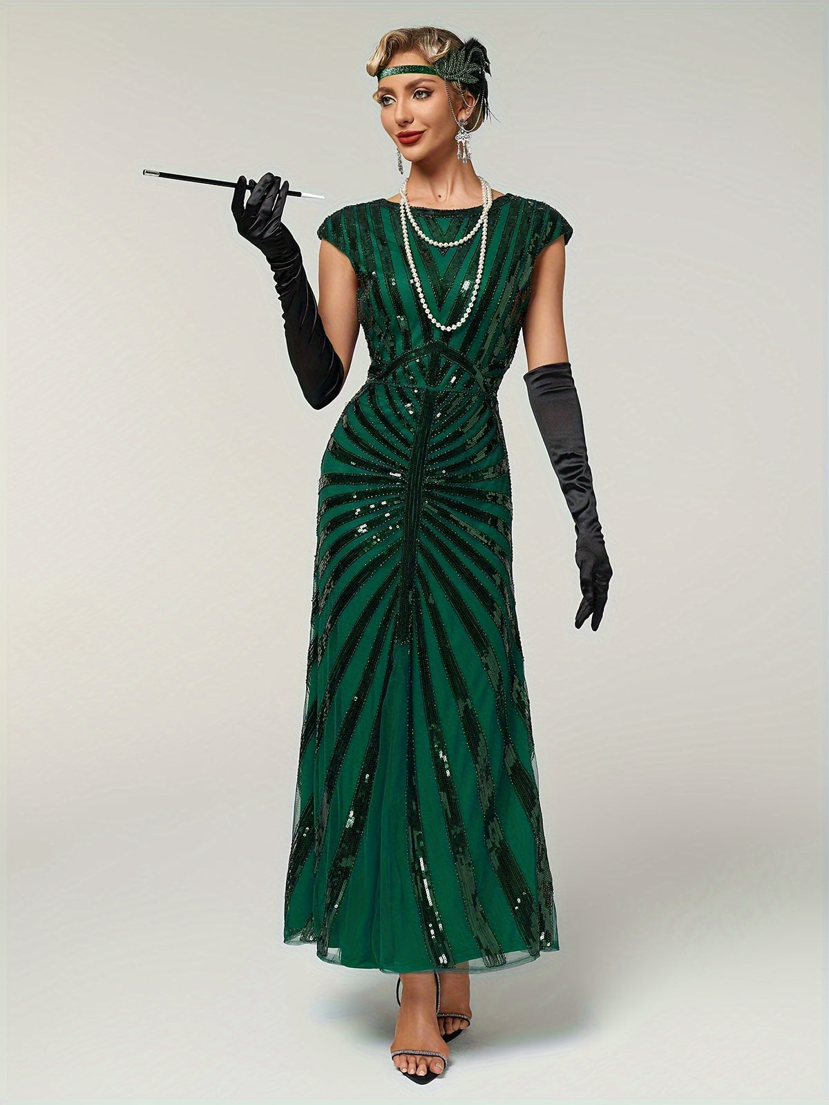 1920 Vintage Sequin Gatsby Ball Fringe Short Sleeve Dress, Party Banquet Dance Dress with Beaded Sequins, Toast Gown, In Stock - Green