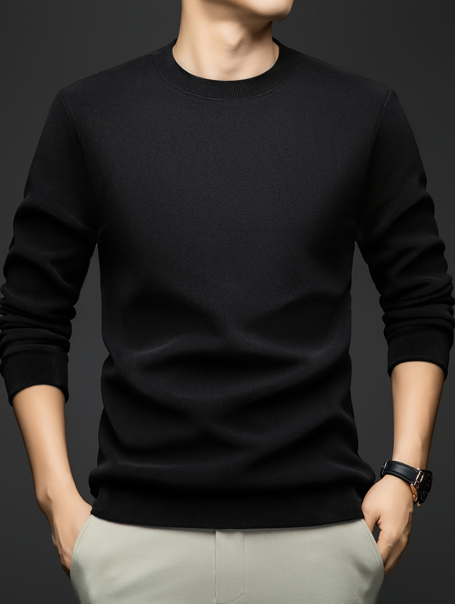 Autumn/Winter Men's -Lined Thickened Warm Base Layer Shirt, Crew Neck Long Sleeve T-Shirt, Solid Color Stretchy Inner Layer Casual Sweatshirt Top - Black
