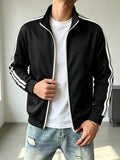 Men's Preppy Style Soft Bomber Jacket, Zipper Closure & Chest Suitable for Casual Wear, Machine Washable Outerwear - Black