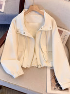Women'S Spring Autumn New Niche Design Hooded Zip-Up Jacket, Style Drawstring Long Sleeve Casual Jacket Top - White