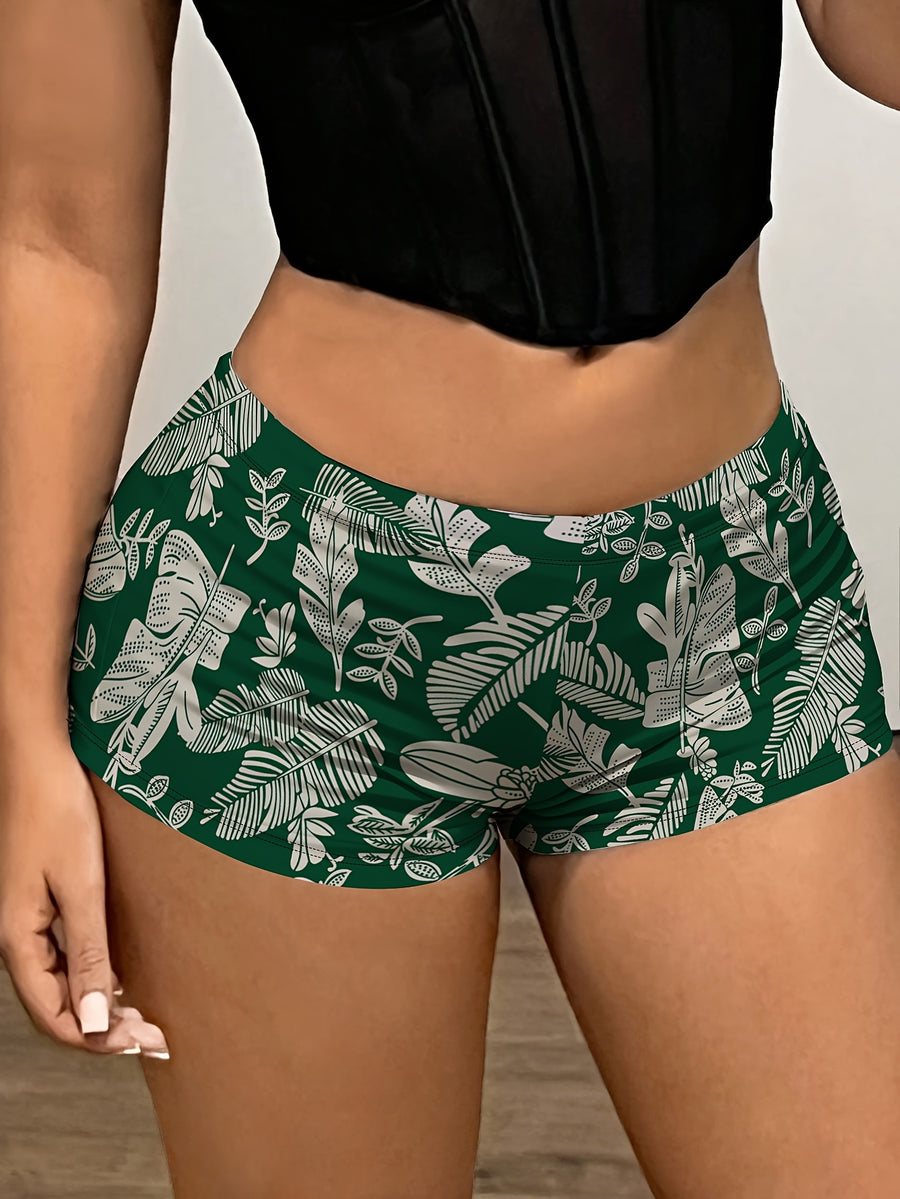 Women's Fashion Summer Printed Green Fitted Shorts - Off-white