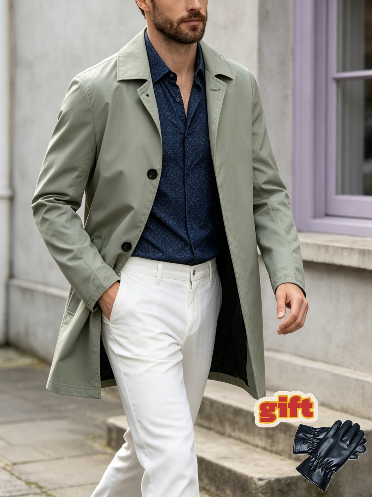 Men's Mid-length Trench Coat with Lapel and Two-button Closure, a Business-casual Windproof Outerwear Jacket, Includes Gloves, Size P - Light Green