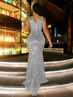 New Fashionable Women's Spring/Summer High-End Sequin Off-Shoulder Backless Waist-Cinching Mermaid Long Dress, Evening Gown for Prom, Party, Slim-Fit, Gorgeous, Elegant, and Graceful Dress, Wedding Guest Attire, Prom Evening Gown, Music Festival - Silvery