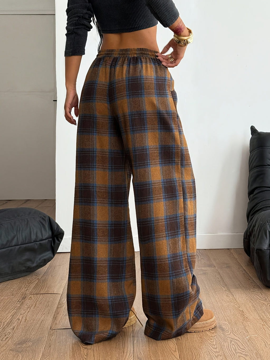 Women'S Plaid Wide-Leg Pocket Drawstring Casual Fashion Fall Winter Trousers - Mixed colors