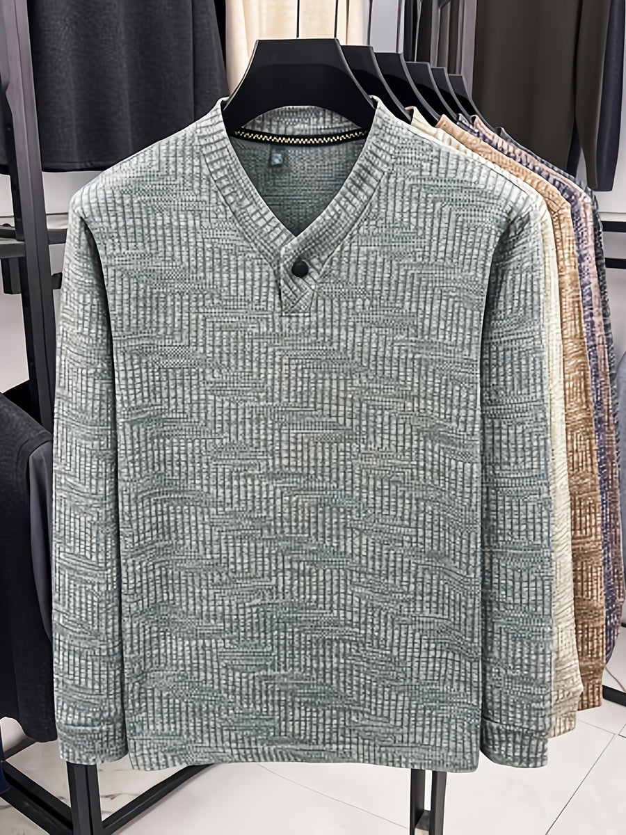 Men's Henley Collar Single-Button Long-Sleeve T-Shirt, Textured Jacquard Knit Top, Spring/Autumn Business Casual Daily Commute Base Layer Shirt - Medium Gray