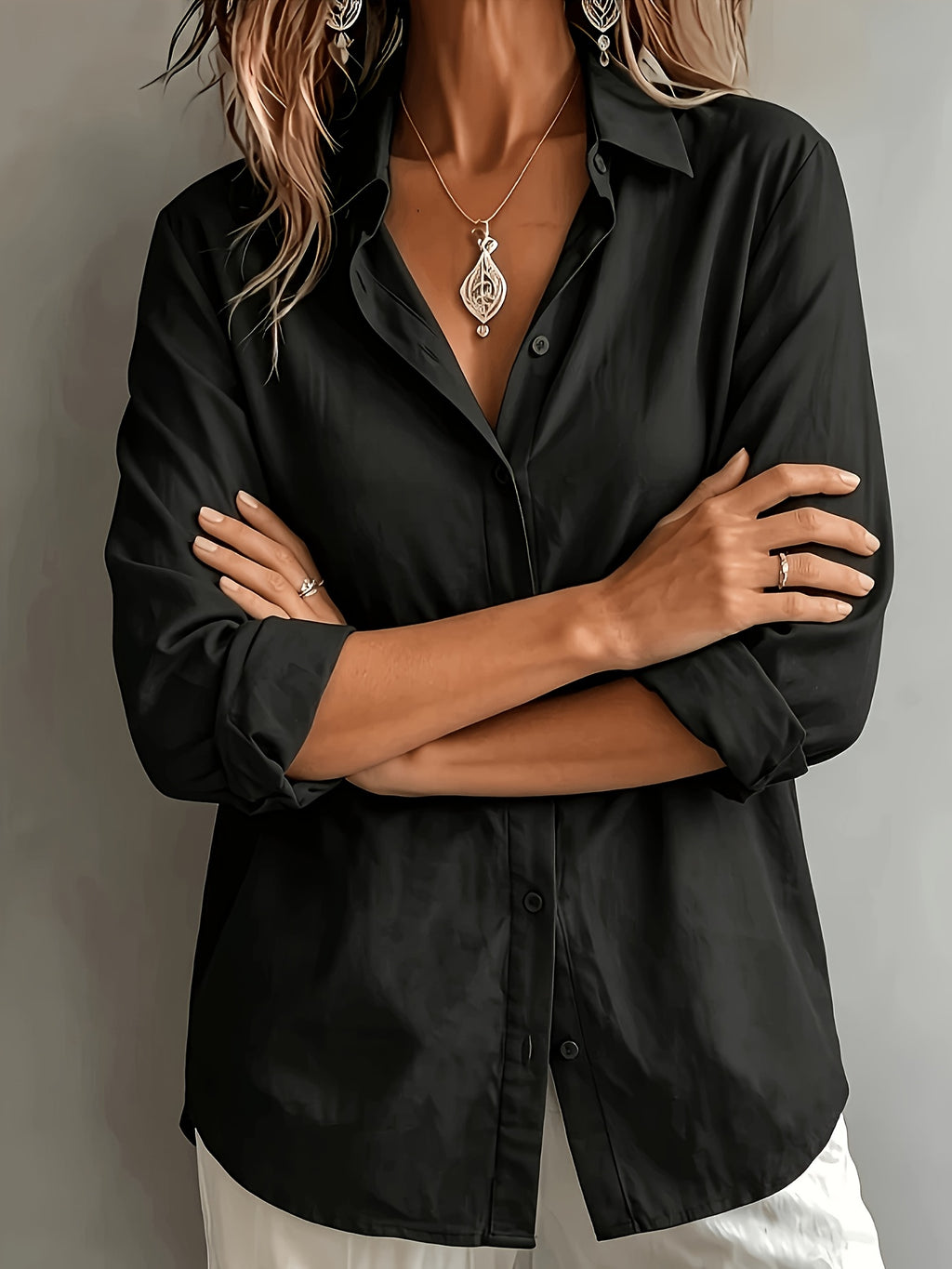 Women's Elegant Lapel Shirt, Loose Straight Fit with Long Sleeves, Lightweight, Comfortable, and Breathable Fabric, Versatile for Commuting and Casual Wear, Loose Straight Cut Flattering Design, Daily Comfortable and Relaxed Style - Black