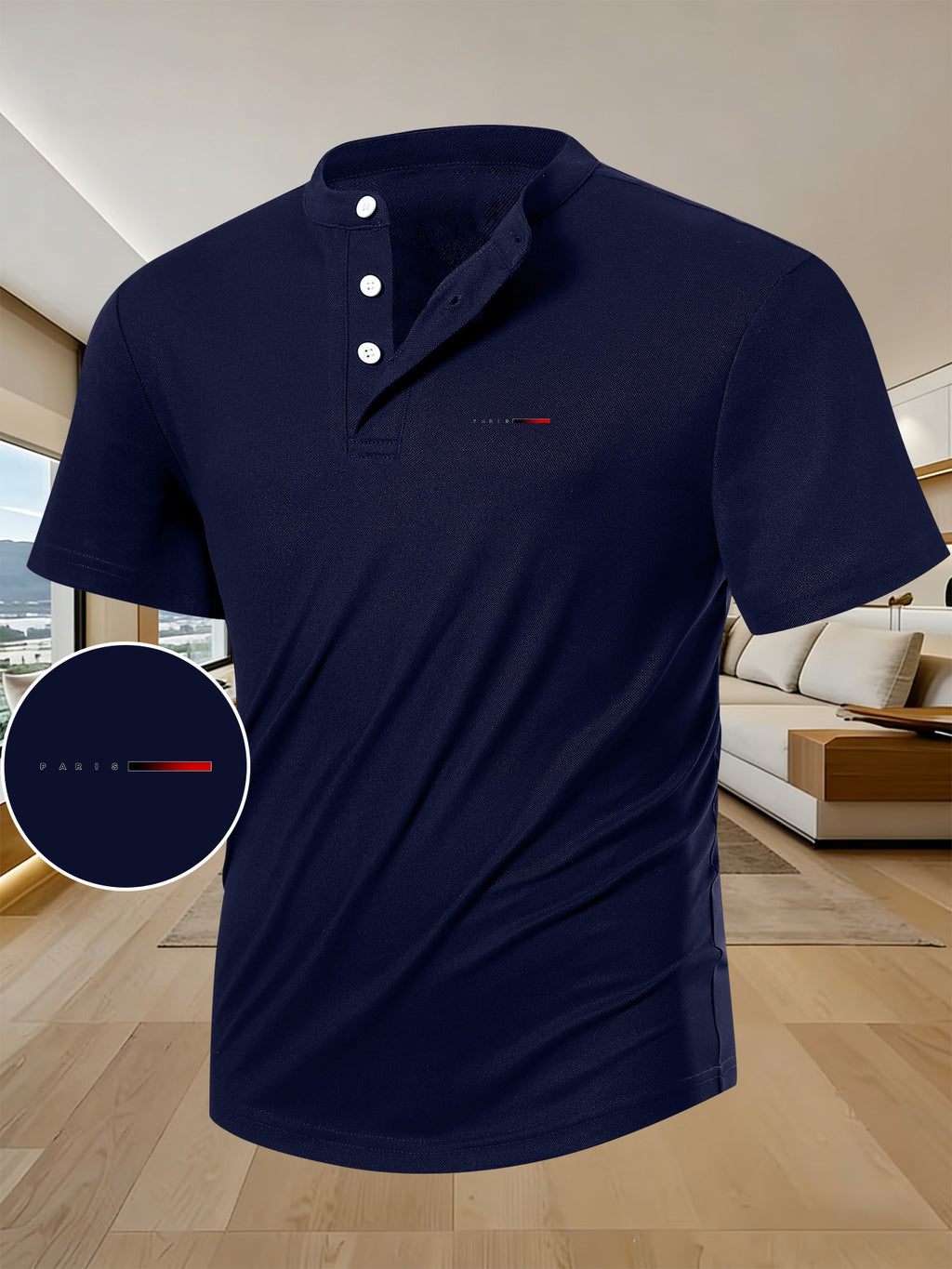 Men'S Summer Casual Short-Sleeve T-Shirt with a Easy Design, Breathable Round Neck, And Henley Button Front, Regular Fit Suitable for Outdoor Everyday Wear, Men'S Short-Sleeve Henley Shirt - Navy Color