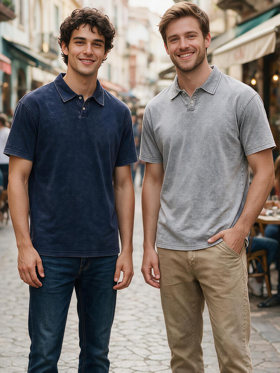 Two-pc More Cost-Effective Heavyweight Combed Pure Vintage Washed Distressed Polo Shirt for Men, Loose Fit Casual Short Sleeve Lapel, Latin American Style Daily Versatile Button-Up Top, Business Casual Commuter Lapel T-Shirt - Navy Grey