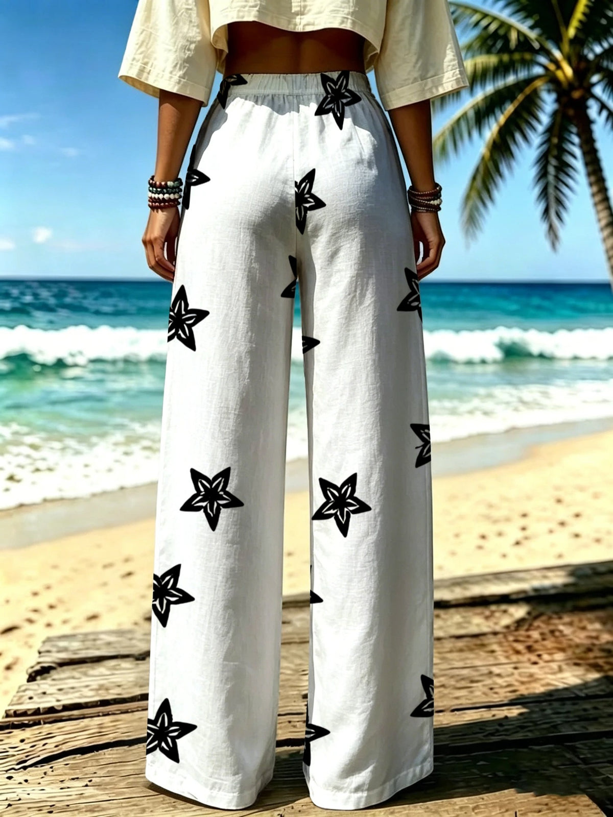 Women'S Casual Wide-Leg Pants, Black with Full Star Print, Suitable for Free-Spirited Women, Perfect for Beach Walks, Daily Outings And Travel. [Print Design - No Texture] - Mixed colors