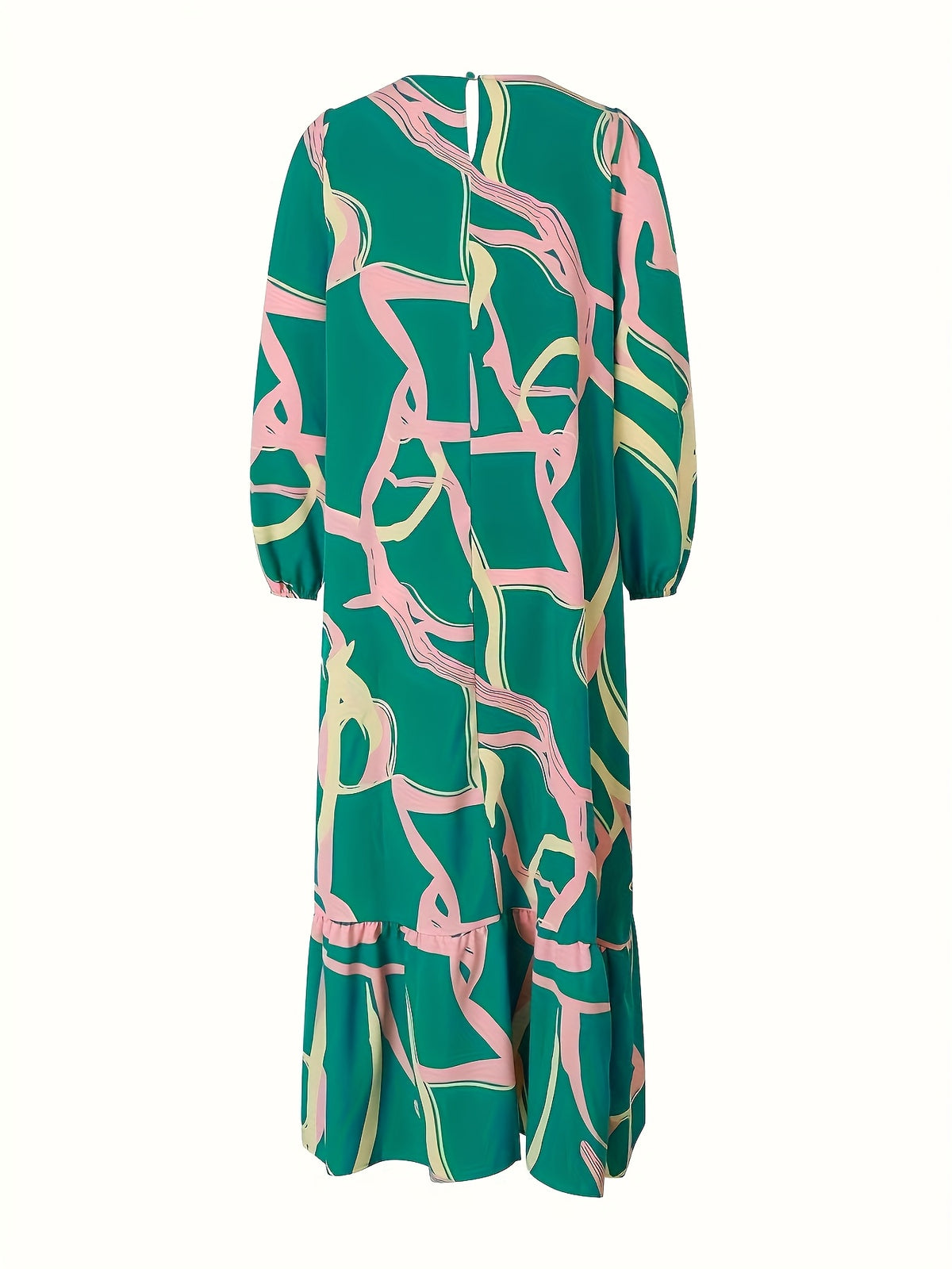 Fashion Printed Muslim Women'S Dress Long Sleeve Retro Loose Maxi Dress Ruffle - Green
