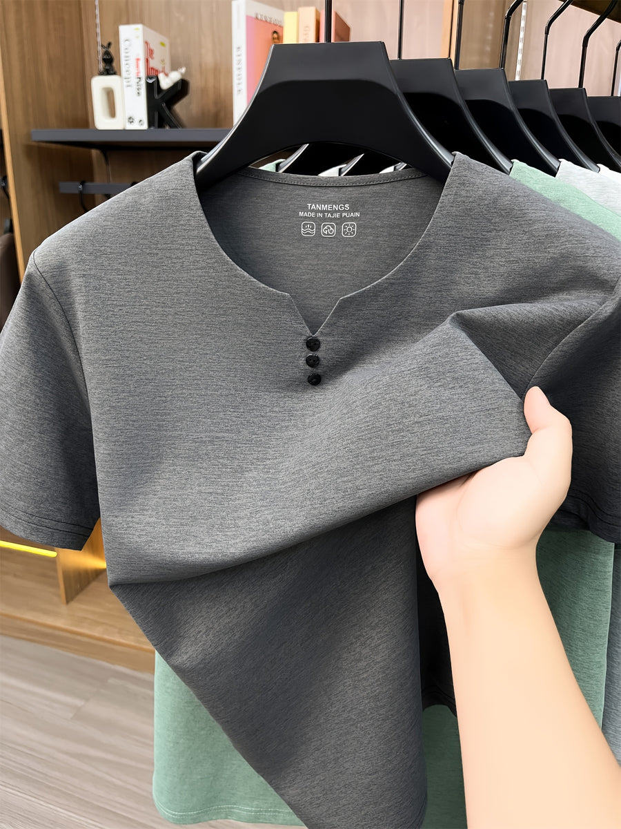 [Qiaoximei OBM] Summer New Men'S Henley Shirt, Collarless Solid Color Top, Faux Button Decoration, Golf Casual Wear, Suitable for Outings And Casual Wear, Men'S Gift - Dark Gray