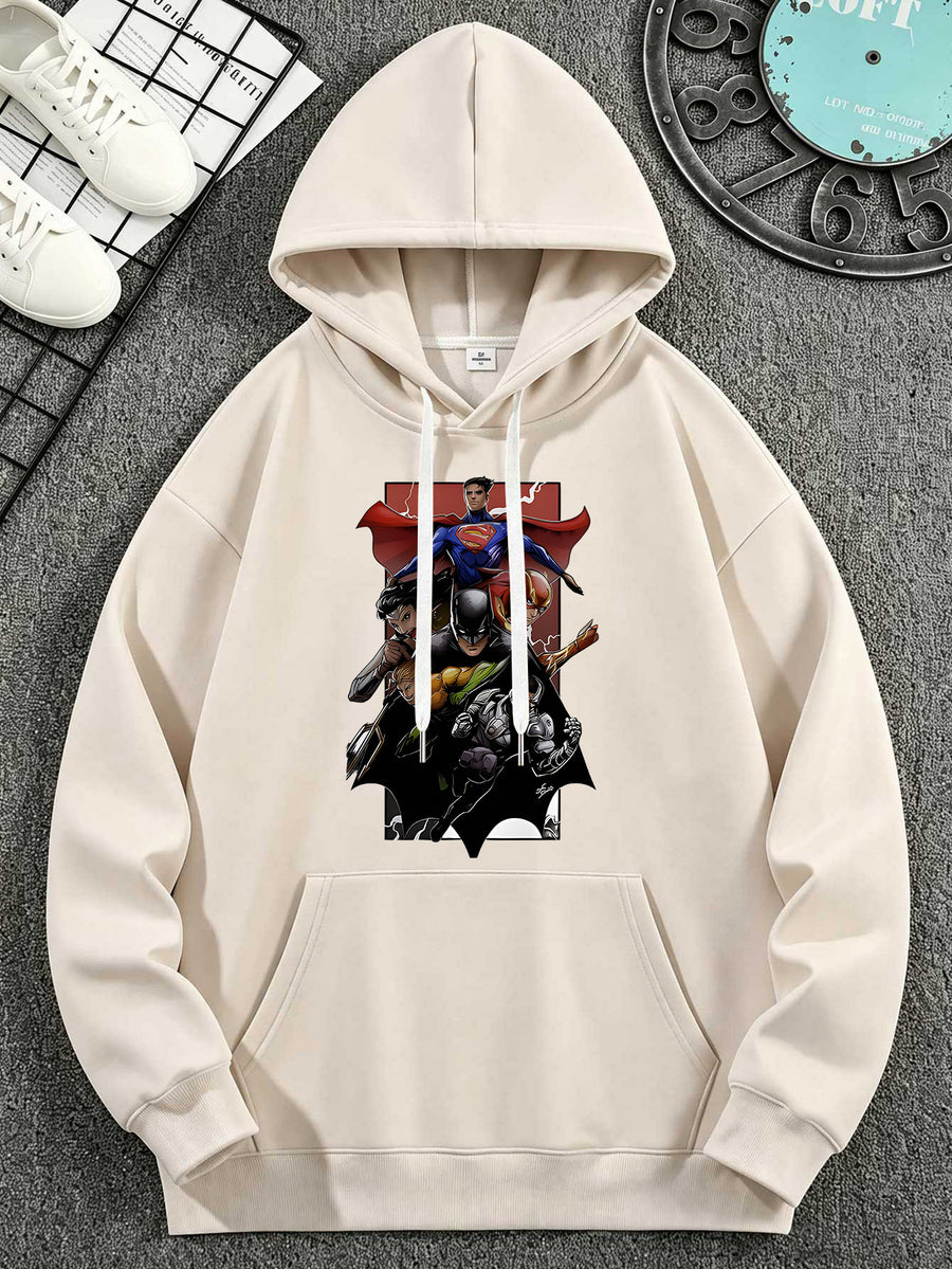Warner Bros. DC Authorizes Justice League Multi Hero Bat Logo Collection Print Superhero Casual Hooded Sweatshirt - Apricot