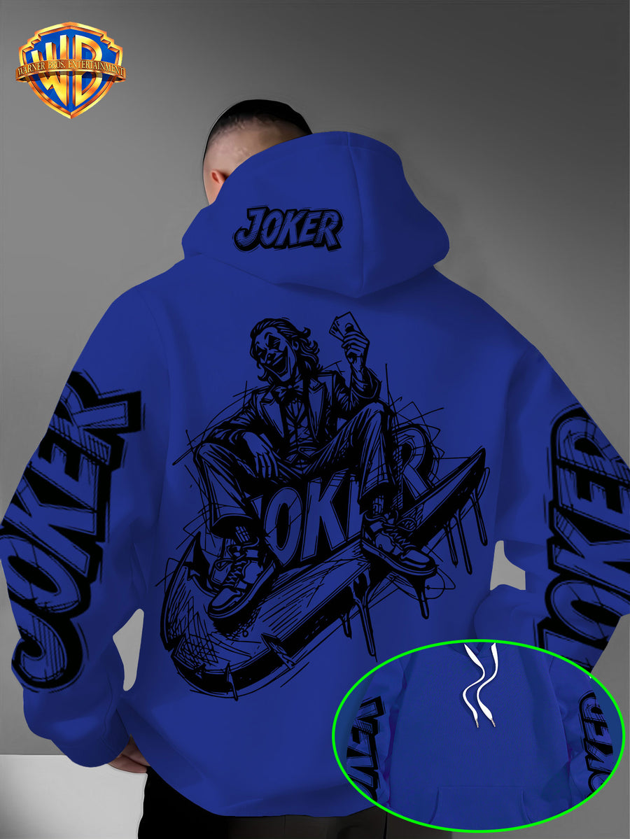 Authorized by Warner Bros., Joker Graffiti Style Print, Hat Design Pattern, Multi-Functional Street Style Men'S Hoodie, Comfortable Casual, Suitable for Autumn And Winter - Blue