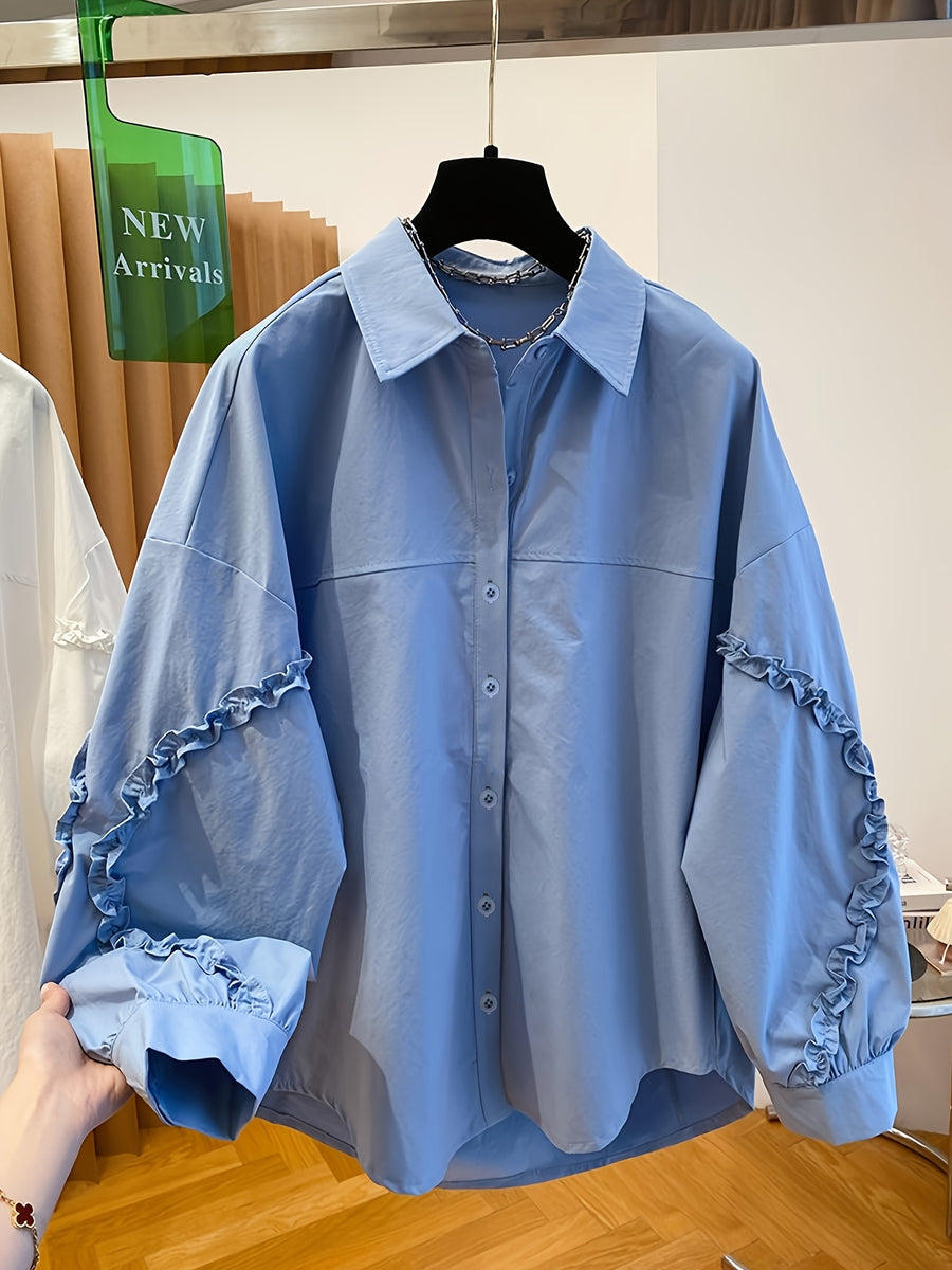 High-End Wood Ear Trim Patchwork Shirt Women'S Long Sleeve 2025 New Loose Lapel Top - Blue