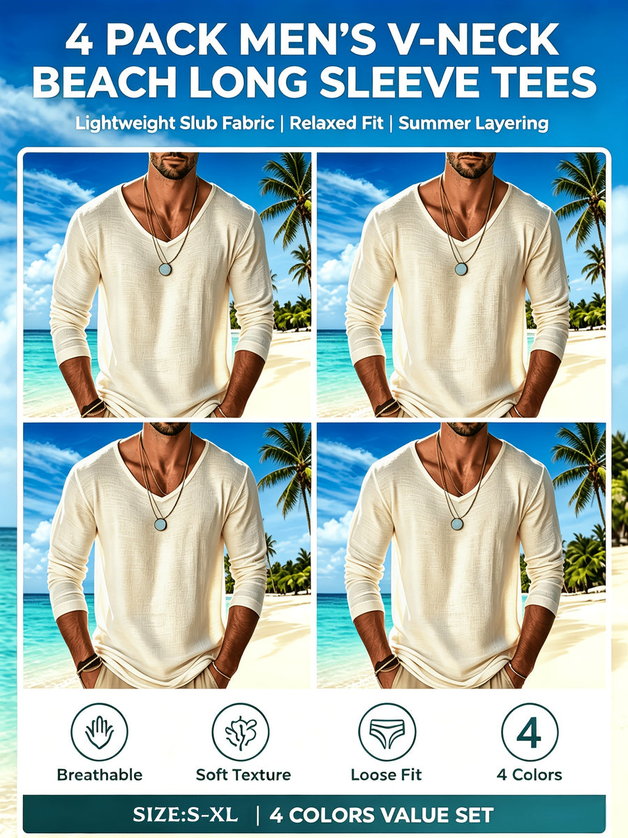 4pcs Set Men's Spring/autumn High-stretch Slim-fit Lightweight Comfortable Breathable Solid Color Long-sleeve Vacation-style Top - Apricot 4
