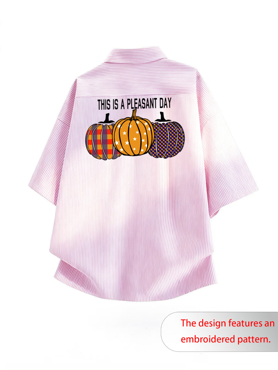 Summer Thin Fashion New Easy Fun Cartoon Back Print Lapel Short Sleeve Striped Loose Casual Shirt - Pink Color