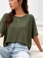 Women's Casual Loose-Fit Waffle Short Crop Crew Neck Short Sleeve T-Shirt for Daily Commuting - Military Green