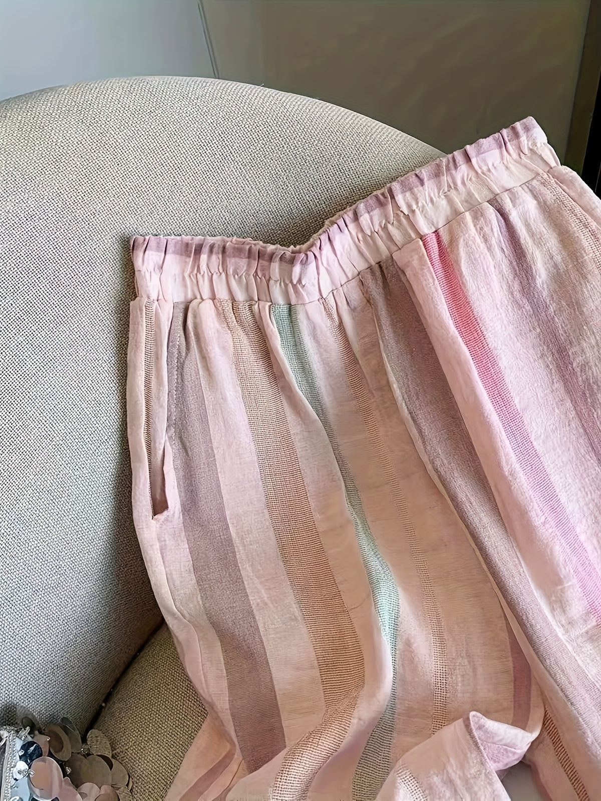 Women'S Multicolor Striped Elastic Waist Wide Leg Straight Casual Trousers LL168 - Mixed colors
