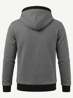 Autumn/Winter Men's Thickened Jacquard Long-Sleeve Open Cardigan Jacket, Hooded Fashionable Checkered Jacquard Textured Fabric, Comfortable Outerwear Suitable for Daily Outings, Outdoor Sports, Travel, and Vacations. Lightweight and Comfortable - Grey