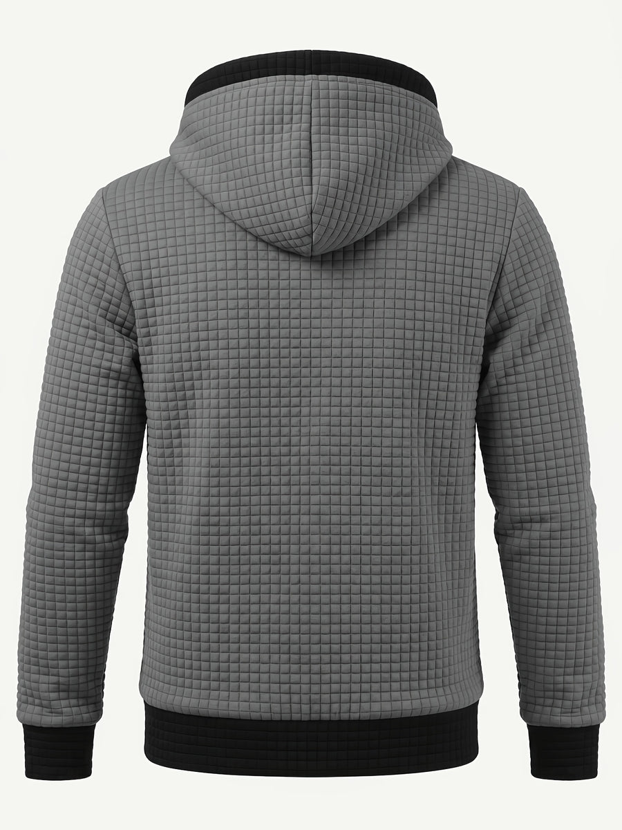 Autumn/Winter Men's Thickened Jacquard Long-Sleeve Open Cardigan Jacket, Hooded Fashionable Checkered Jacquard Textured Fabric, Comfortable Outerwear Suitable for Daily Outings, Outdoor Sports, Travel, and Vacations. Lightweight and Comfortable - Grey