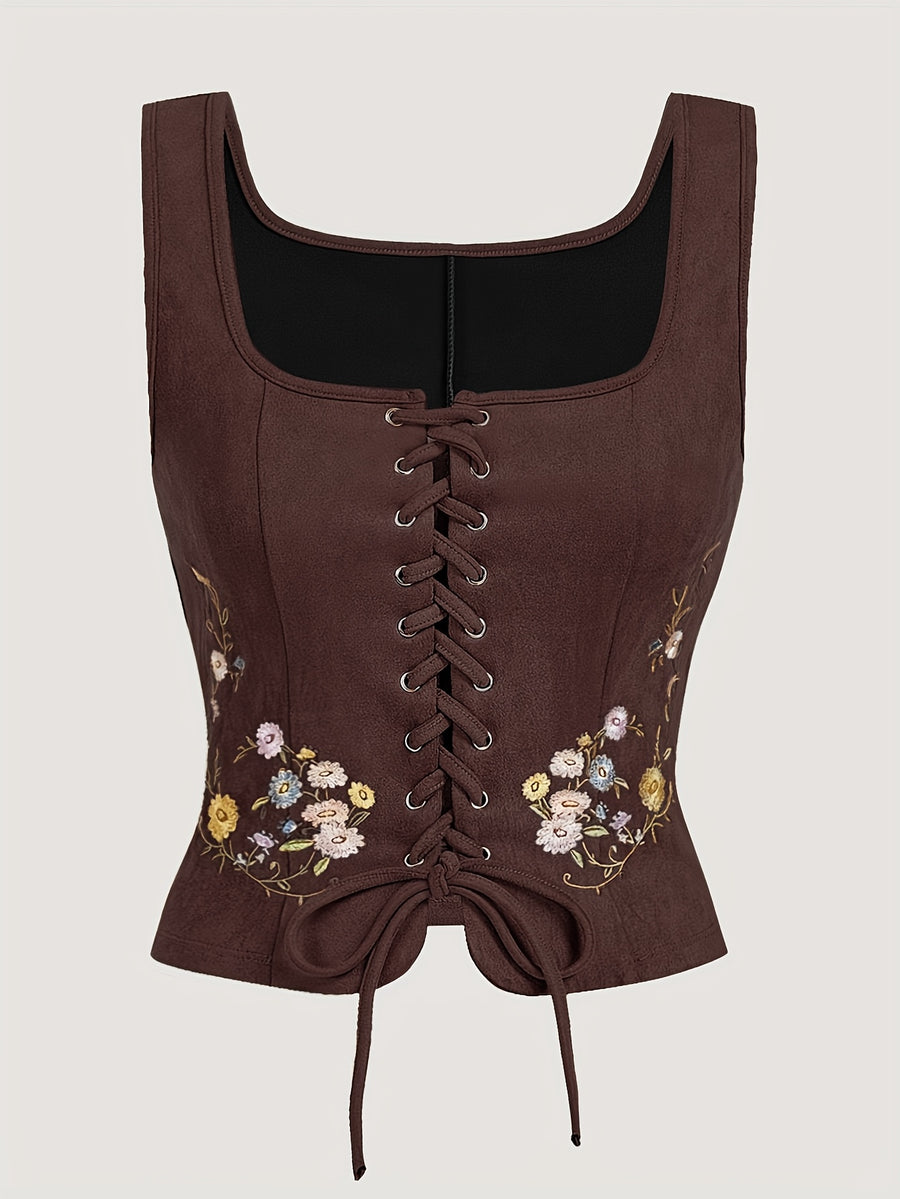 Women's Bohemian Brown & Floral/Leaf//Star/Bird/Bee/Bubblegum/Heart/Starfish/Lace-like Threading Embellished Square Neck Lace-like Top - Short Sleeve Lacing-Front Closure Boho-Chic Blouse for Music Festivals & Parties ( - Coffee Brown