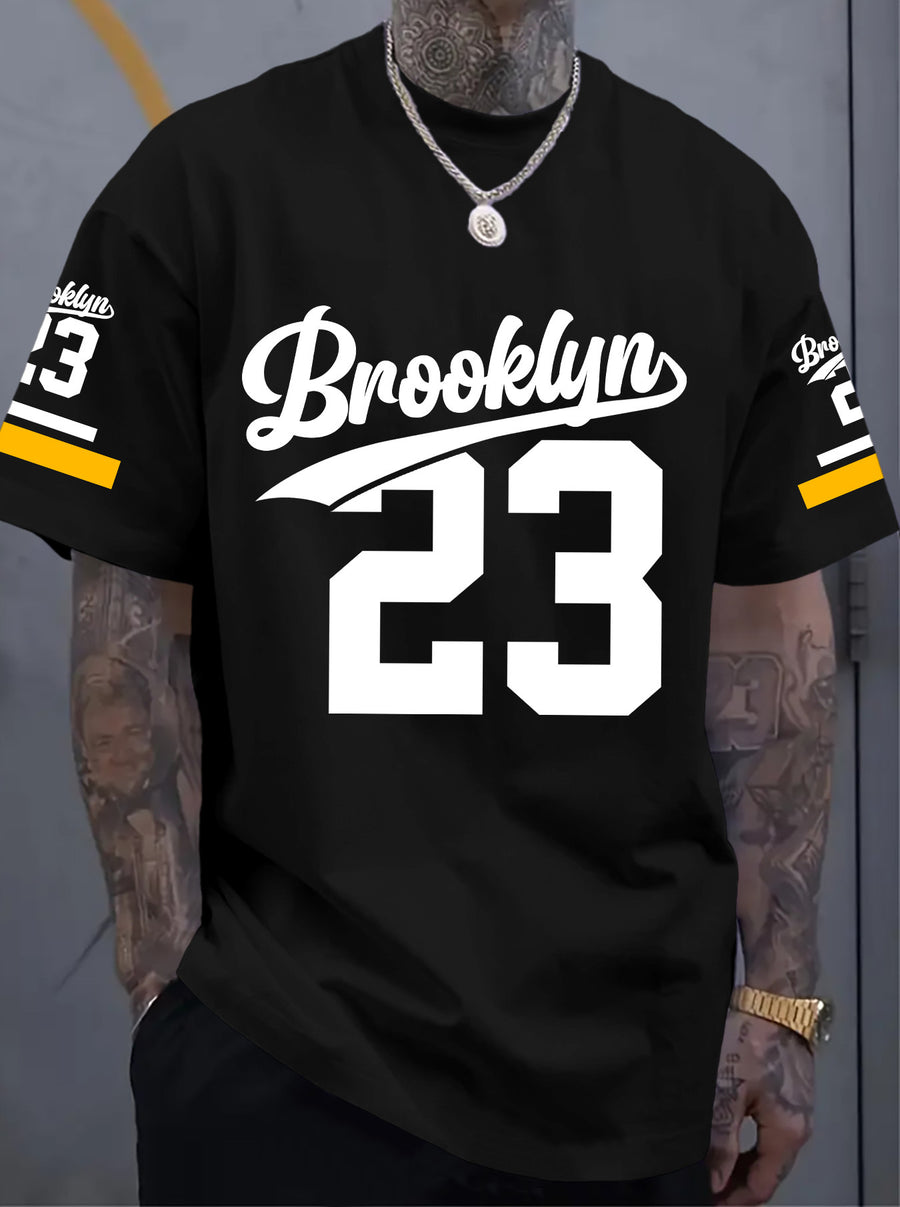 Men's Fashion Street Style T-shirt with Floral Script Font and Striped Print - Black