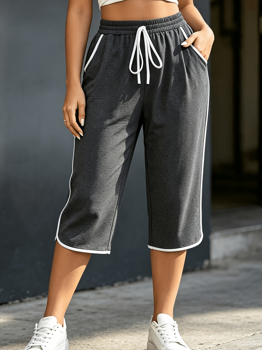 Women'S Capri Pants, Retro Color-Block Striped Wide-Leg Mid-Length Trousers, Loose Straight Casual Outerwear Sweatpants, Casual All-Match Women'S Pants, Daily Casual Outing Wear, Home Fitness - Graphite Color