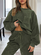 Women's Fashion Solid Color Round Neck Long Sleeve Top and Drawstring Pants Casual Two-Piece Set - Dark Green