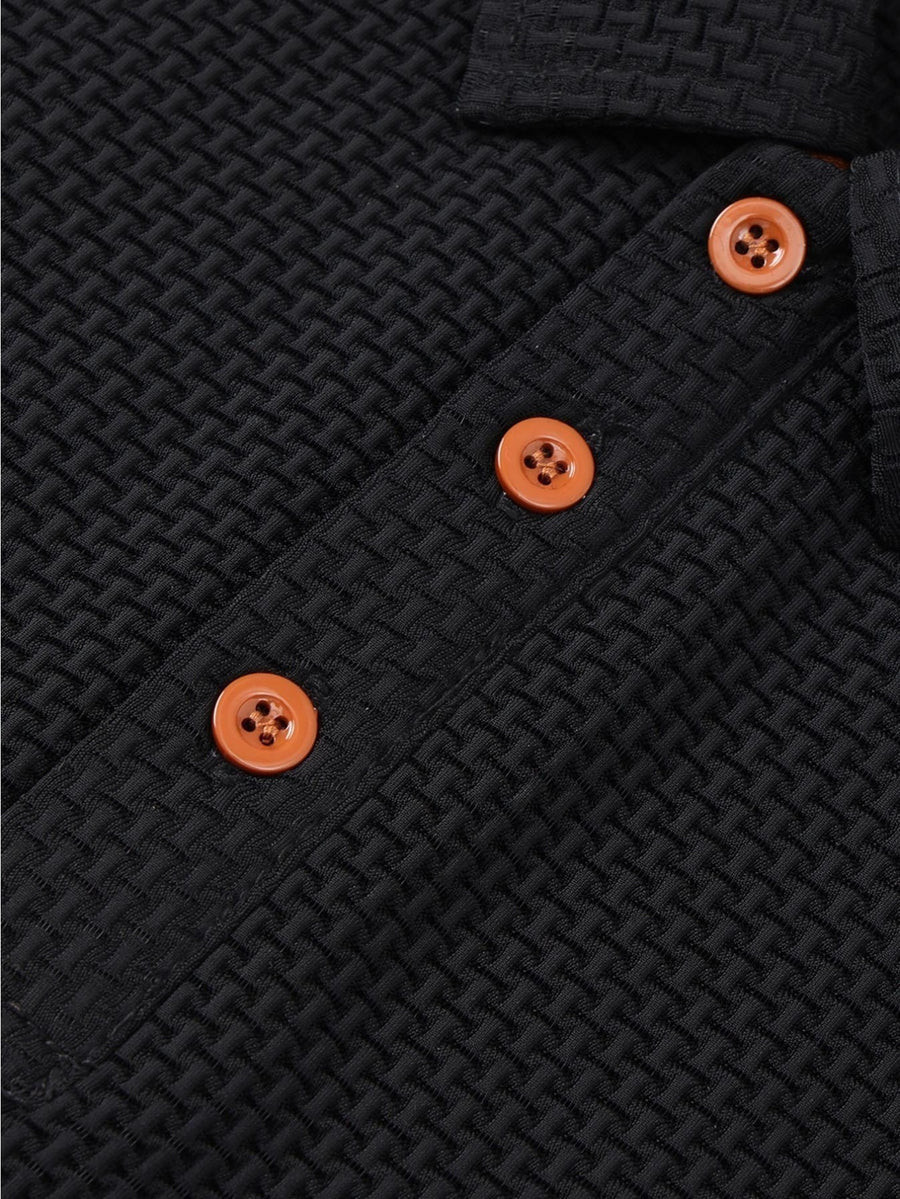A06-4376VW Men's Popular Waffle Knit Polo Shirt, Textured Short Sleeve Casual Golf Shirt, Breathable Summer Top, Fashionable Golf T-Shirt, Suitable for Office / Vacation / Outdoor Use, Father's Day Gift - Black