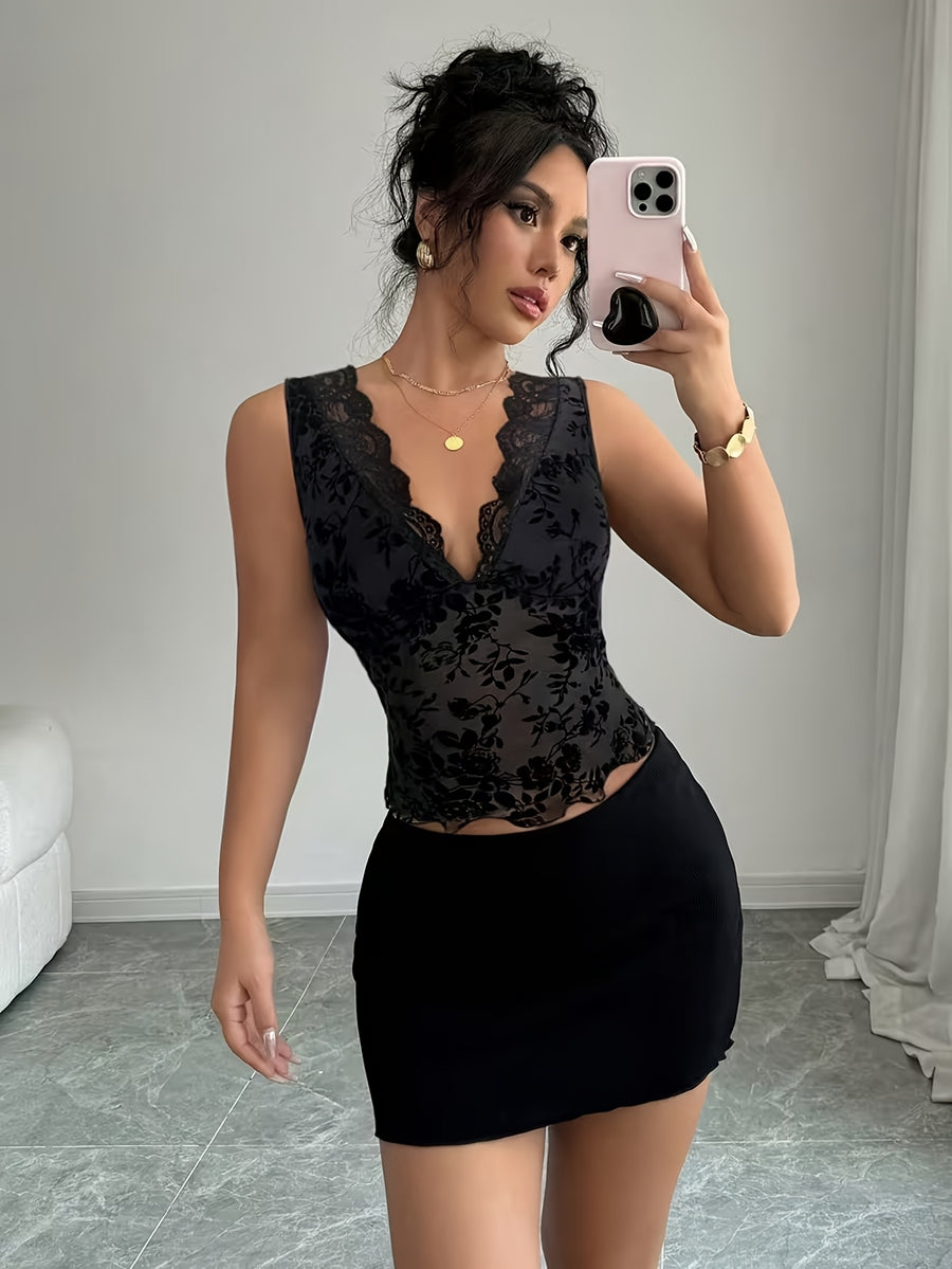 2026 Spring/Summer Women's Elegant Slim-Fit Flocked Mesh Solid Color Lace V-Neck Sexy Tank Top - Black