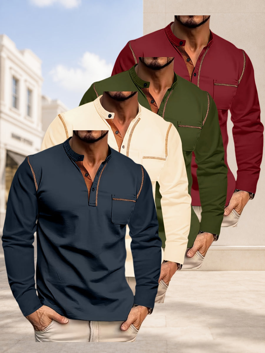 [JOSHIMAI OBM] 4pcs Men'S Long Sleeve Henley Shirts, Soft Comfortable Skin-Friendly Fabric, Lightweight Breathable Easy Care Stand Collar 3-Button Placket with Chest Pocket Detail, Solid Color Casual Top, Versatile for Office Commute - Navy blue + khaki + army green + burgundy