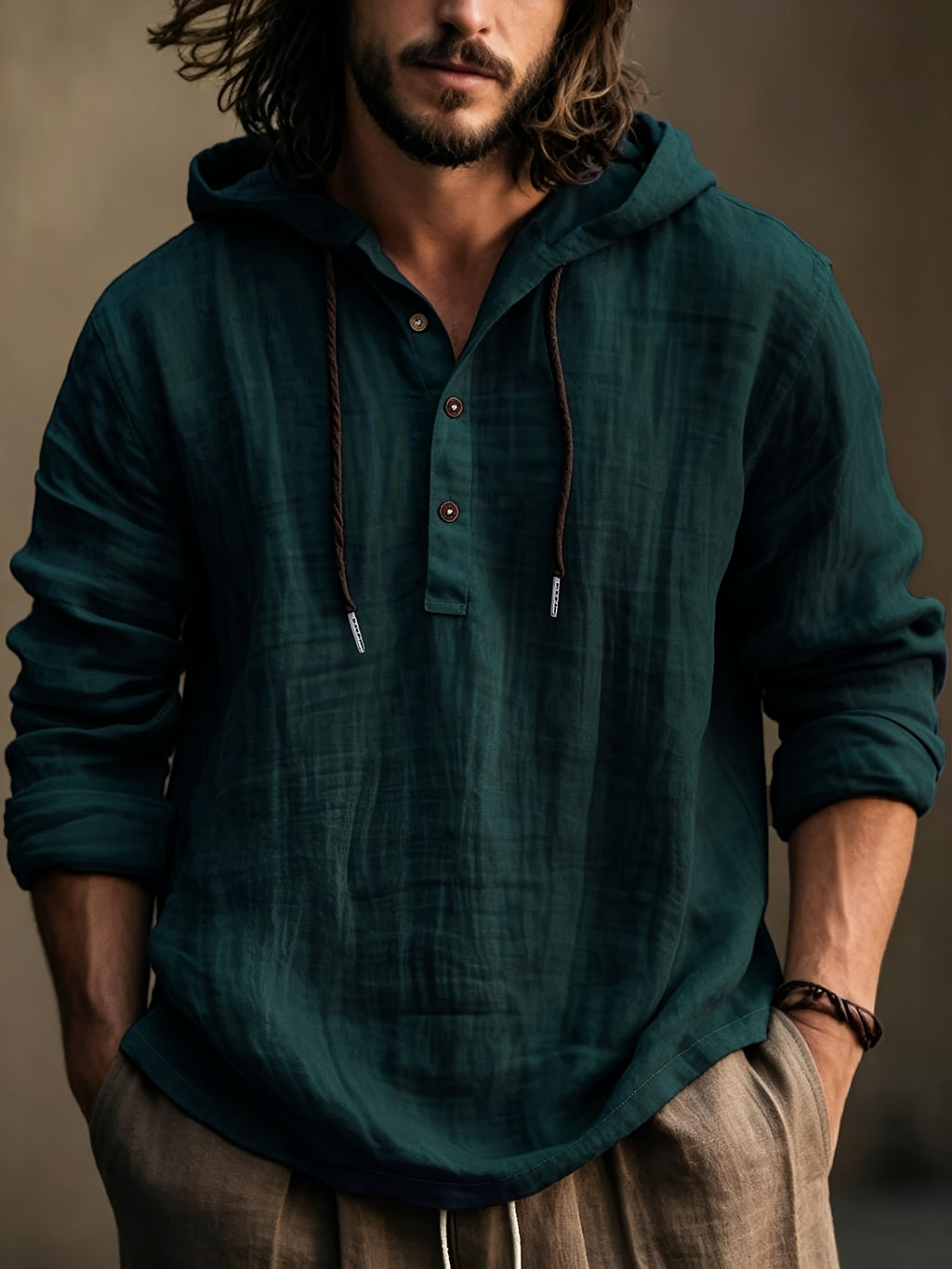 Men'S Fashion Casual Hooded Long Sleeve Skin-Friendly Comfortable Shirt Solid Color - Dark Green