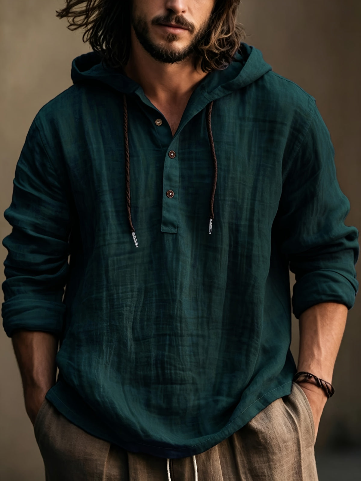 Men'S Fashion Casual Hooded Long Sleeve Skin-Friendly Comfortable Shirt Solid Color - Dark Green