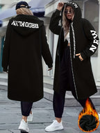 Women's New York & Love Letter Print Hooded Jacket with NYC Zipper Hoodie - Cozy Winter Outerwear, Pockets, Machine Washable Swe Coat for Casual or Office Wear - Black