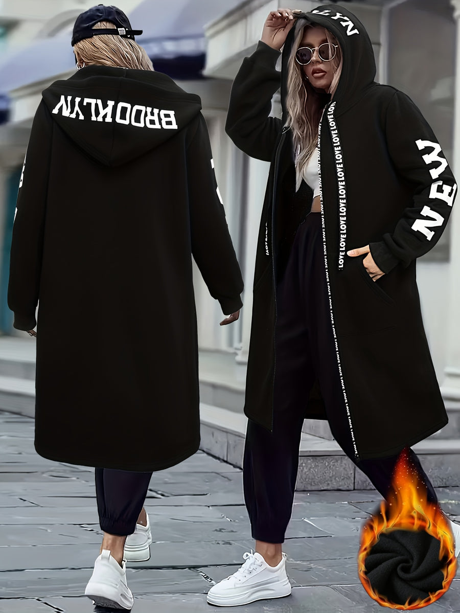 Women's New York & Love Letter Print Hooded Jacket with NYC Zipper Hoodie - Cozy Winter Outerwear, Pockets, Machine Washable Swe Coat for Casual or Office Wear - Black