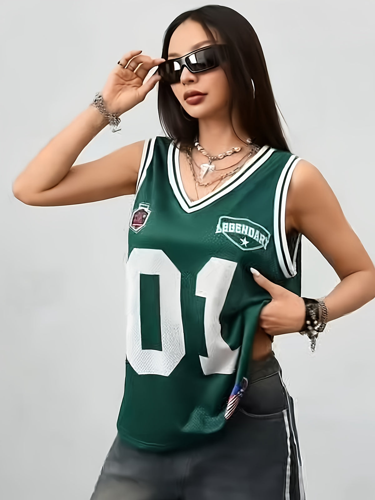 Women's Spring/Summer Street Style Breathable Mesh Digital Print Basketball Tank Top - fern green