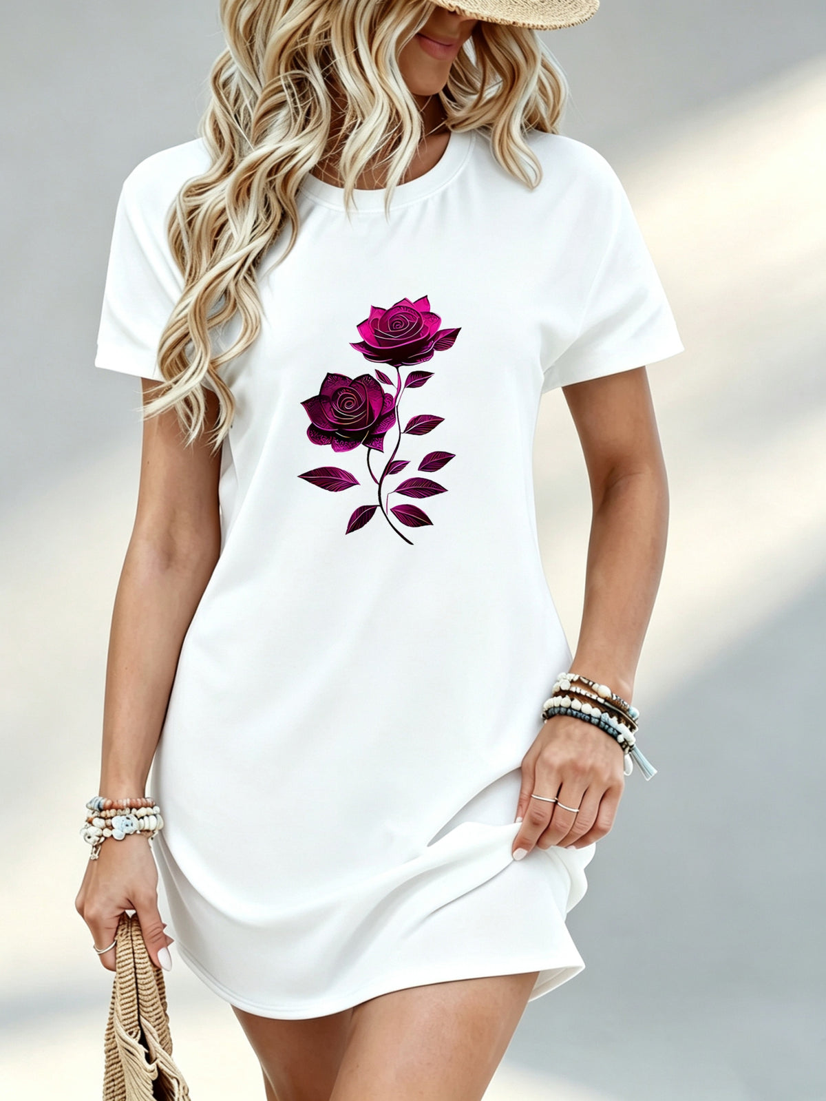 Printed Design Not Textured, Casual Style, Women Dress, Rose Floral Print, Daily Wear, Gift for Her, 100 Percent Polyester - White