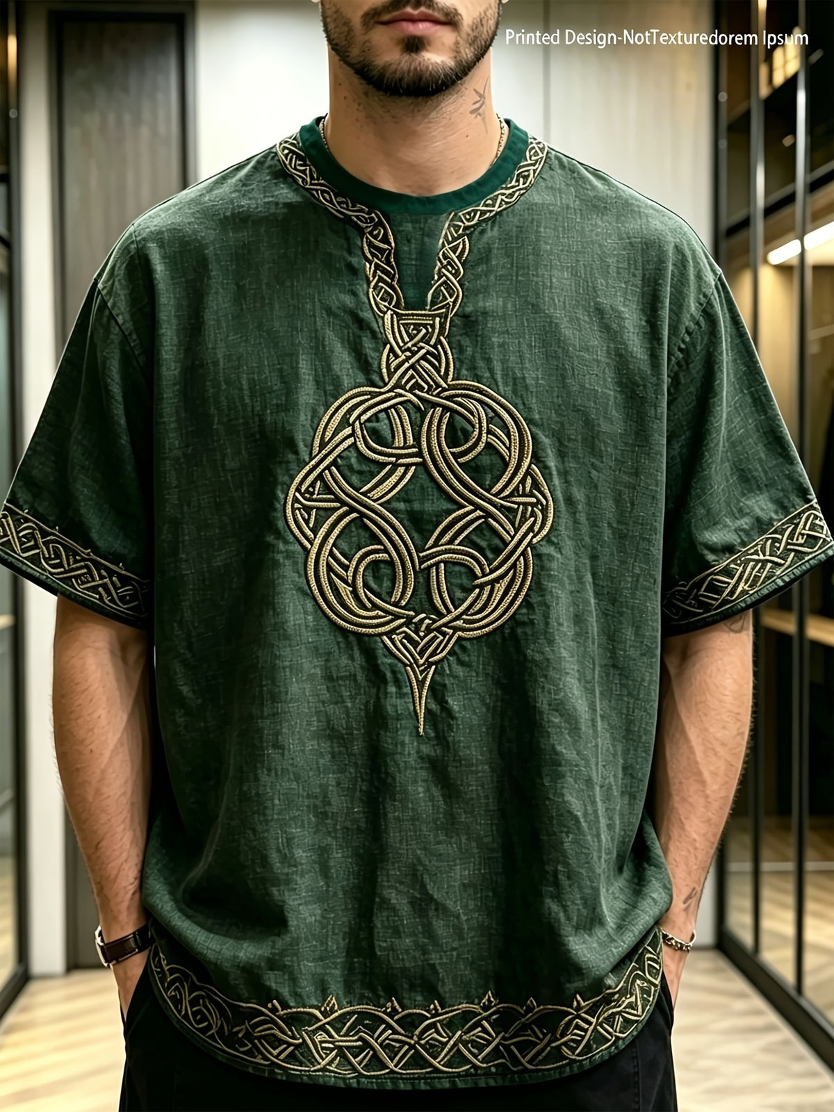[Print Design - Not Texture] Summer Print Men'S T-Shirt, Men'S Celtic Knot Ethnic Style Print Short Sleeve T-Shirt (Pattern Is Print, Not Embroidered) Retro Tribal Style Round Neck Top, Casual/Cultural Wear, a Perfect Trendy Gift - Mixed colors