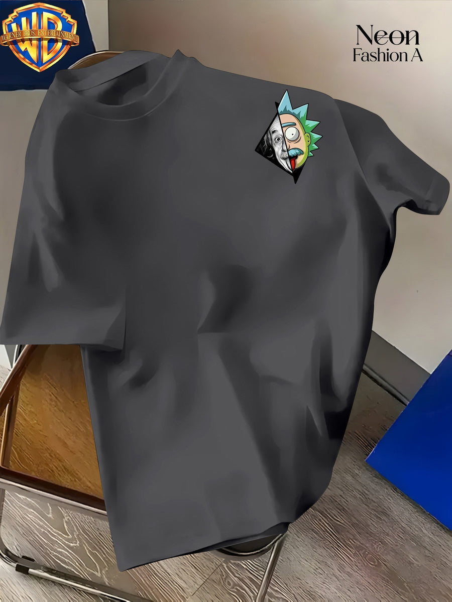 Warner Licensed Unisex Short Sleeve T-Shirt Casual Commute Shopping Classic Science And Anime Creative Patchwork Artistic Print Round Neck Pullover Summer Comfortable Breathable Trendy Top - Dark Gray
