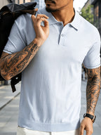 Men's Knitted Short-Sleeve Polo Shirt - Urban Street Scene Exterior Shot, Slim Fit, Lapel Collar, Two-Button, Business Casual Commuter Thin Top, Solid Color Knit Top with Embroidered Cuff Design - Tianqinglan