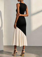 Women'S Summer Round Neck Elegant Sleeveless Two-Tone Dress, Asymmetrical Cut Design, Formal Gown, Bridesmaid Dress, Suitable for Wedding Season, Evening Parties, Casual Wear, Contrast Dress - Black apricot