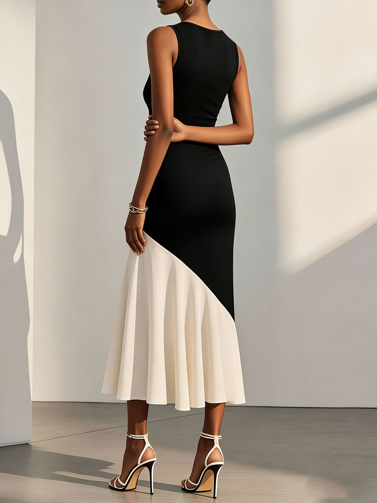 Women'S Summer Round Neck Elegant Sleeveless Two-Tone Dress, Asymmetrical Cut Design, Formal Gown, Bridesmaid Dress, Suitable for Wedding Season, Evening Parties, Casual Wear, Contrast Dress - Black apricot