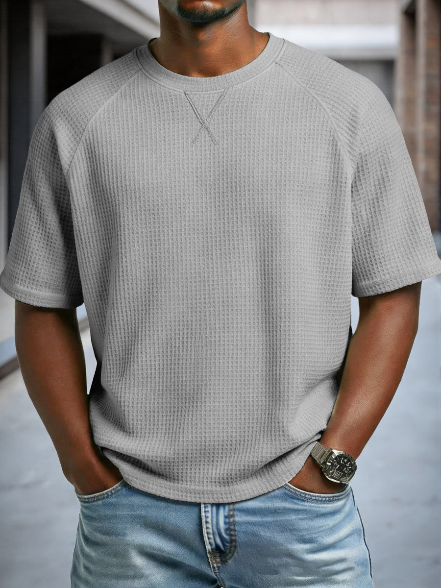 Men'S Waffle Knit T-Shirt Short Sleeve Crew Neck Casual Top, Breathable Textured Fabric Soft Lightweight Comfort Tee, Loose Fit Everyday Wear Perfect for Summer Street Style, Travel, Outdoor Activities And Daily Casual Outfit - Grey