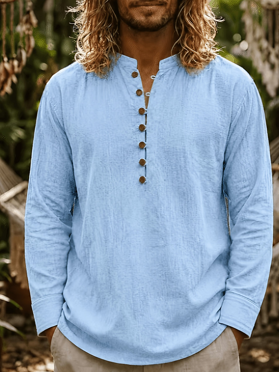 Men's Fashion And Linen Blend Breathable Comfortable Casual Stand Collar Long Sleeve All-Season Shirt, Autumn Menswear - Sky Blue