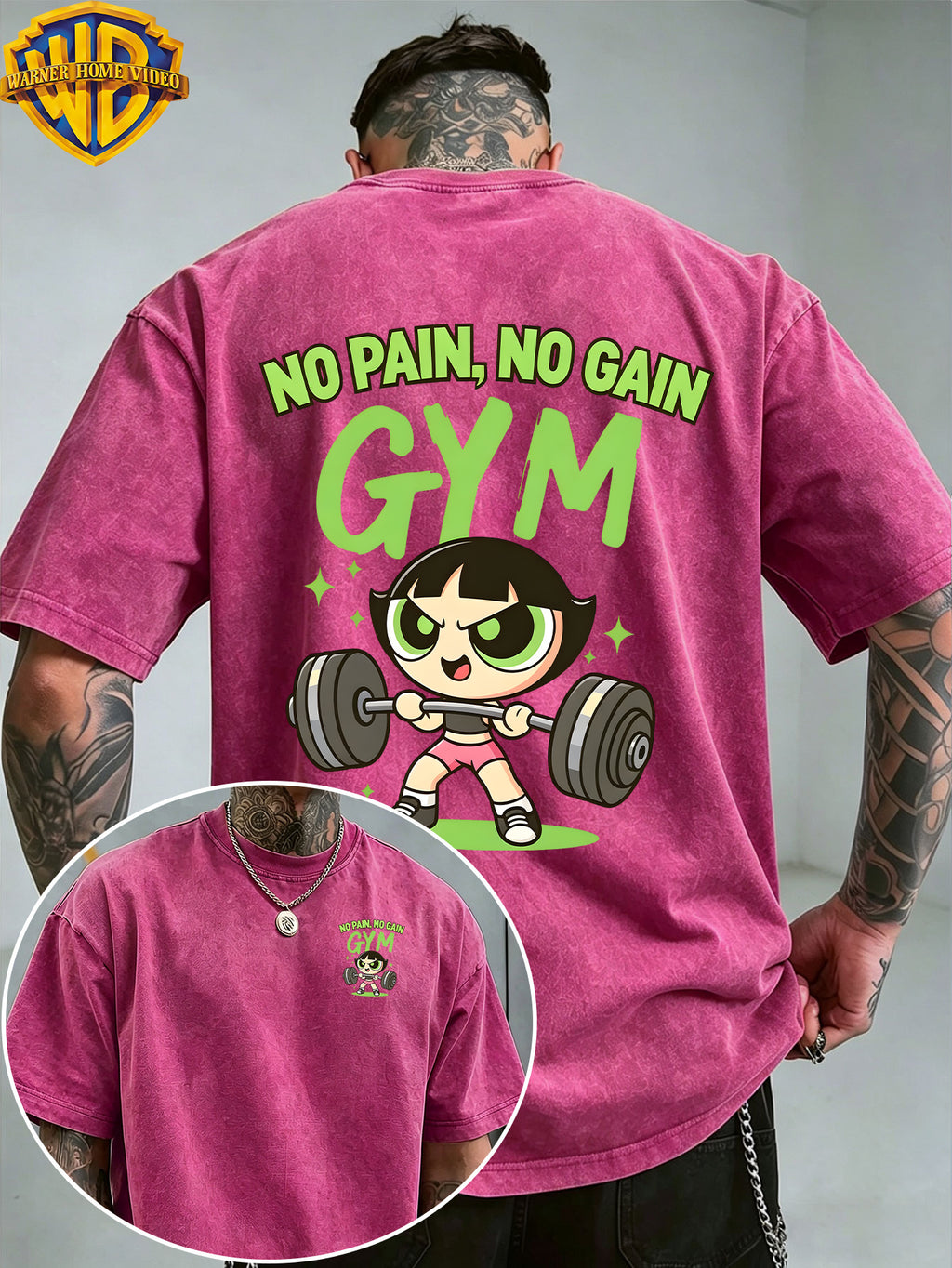 Warner Bros. Officially Authorizes Iron Fitness Slogan Printed Retro Washed Outdated Short Sleeve T-shirt for Men and Women, Machine Washable Daily Commuter Outdoor Sports and Leisure Top - Rose Red