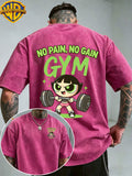 Warner Bros. Officially Authorizes Iron Fitness Slogan Printed Retro Washed Outdated Short Sleeve T-shirt for Men and Women, Machine Washable Daily Commuter Outdoor Sports and Leisure Top - Rose Red