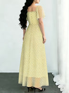 New Summer 2026 Chiffon Polka Dot Print Batwing Sleeve Sweet French-Style Mini Dress, Summer Maxi Dress - Yellow